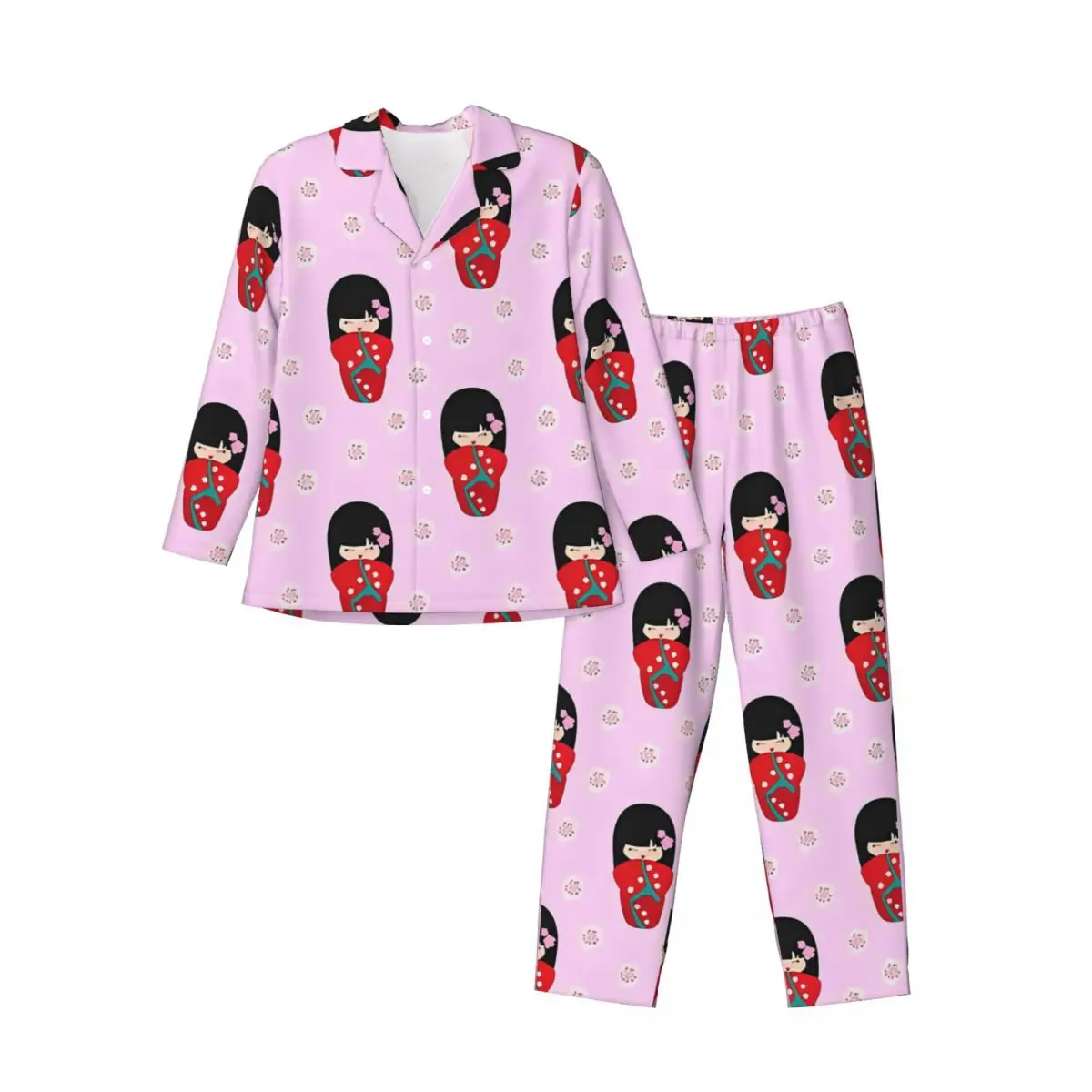 Bonecas japonesas conjuntos de pijama vermelho kokeshi moda pijamas casal mangas compridas casual lazer duas peças casa terno tamanho grande 2xl