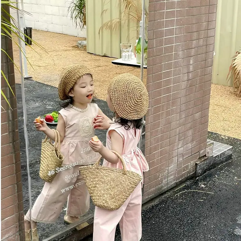 Girls' Cotton Trim Stand Collar Top and Long Pants Set2025Summer New Foreign Trade Children's Wear Delivery3-8Years Old