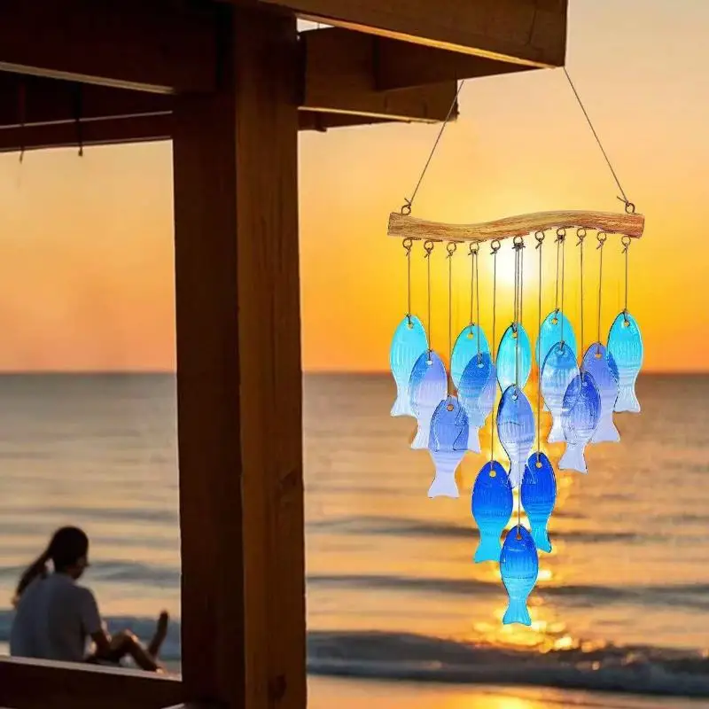 Blue Glass Sea Wind Chimes, Outdoor Glass Wind Chimes, Handcrafted Fish Wind Chimes, Large Glass Wind Chimes, Beach Parties, Wed view 5