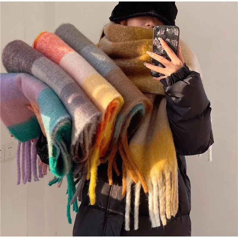 Autumn And Winter Rainbow Plaid Tassel Scarf European And American Color Blocking Imitation Cashmere Mohair Shawl Thicken Scarf