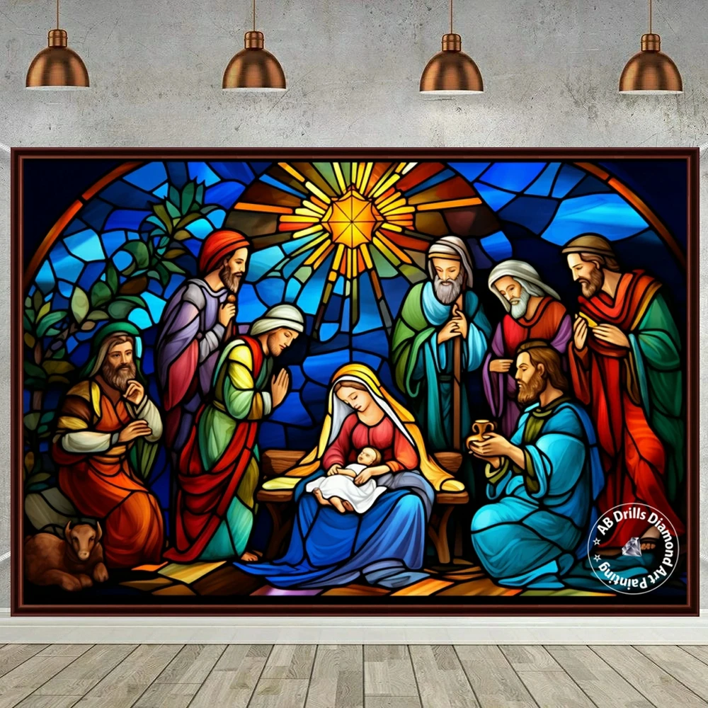Stained Glass Nativity Scene 5D DIY AB Diamond Painting Mosaic Art Cross Stitch Embroidery Rhinestones Home Decor Gift