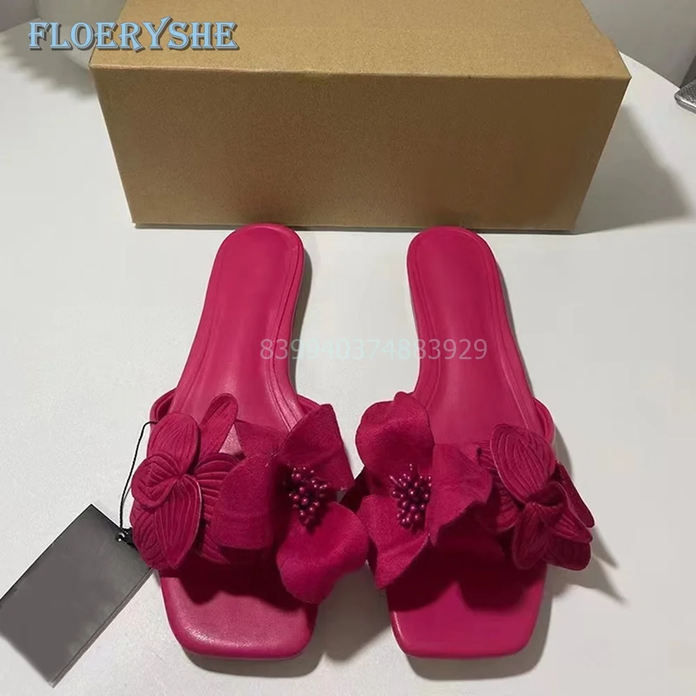 Flower Outside Slippers Summer Cystal Rome Women Flats Square Toe Solid Black Red Pink Lady Dress Cheap Slides 2024 New Fashion