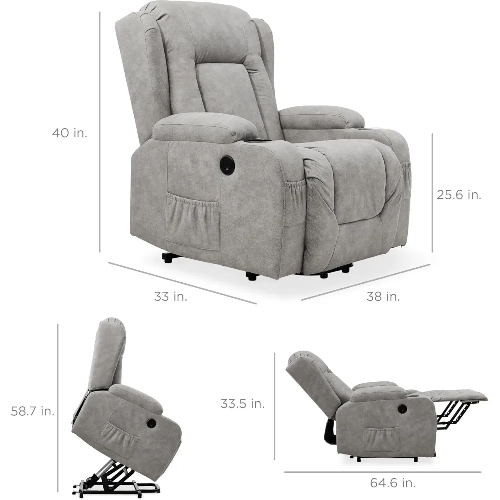 Electric Power Lift Chair, Adjustable Furniture for Back W/ 3 Positions, USB Port, Heat, Cupholders, Side Button, Massage Chair