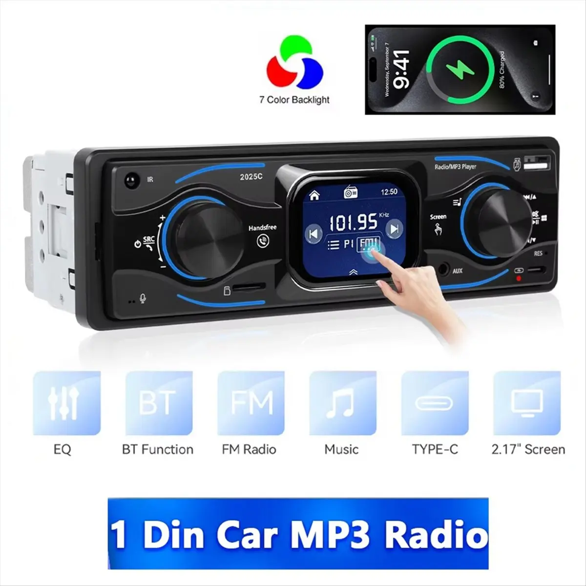 Compatible 1Din Car MP3 Player Radio 2.17inch Touch Screen Support USB/SD/AUX Colorful Lights Bluetooth FM