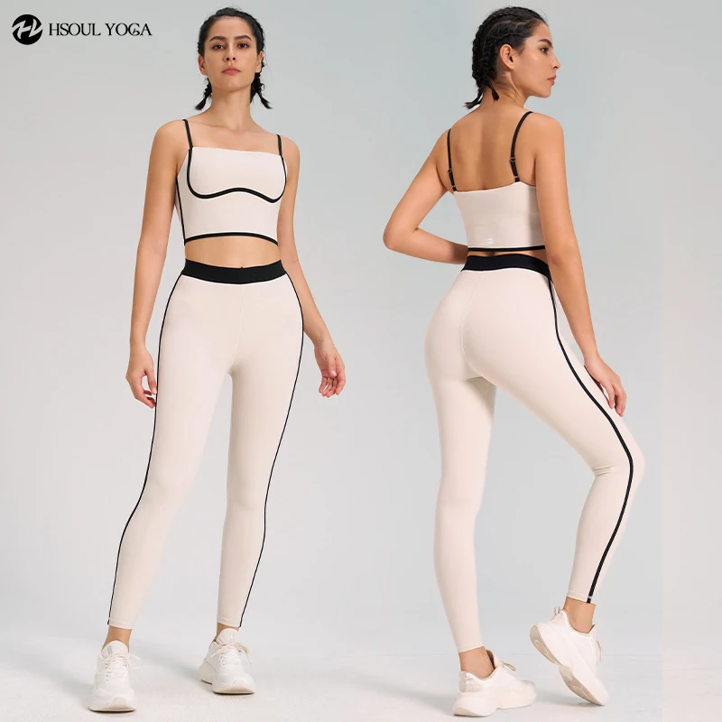 

HSOUL YOGA Color Block Women's Yoga Set Color Contrast Strip Exercise Yoga Suit Built-in Pads Sports Bra High-waisted Leggings