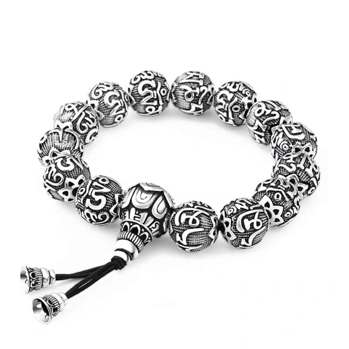 Tibetan Ethnic Ancient Silver Color Buddha Beaded Bracelet for Men Women Om Mani Padme Hum Lotus Shape Vintage Jewelry Wholesale