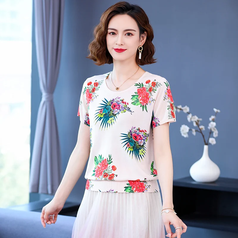 

High Quality Women's Flowers Print Sweater Tops 2023 Spring & Summer Fashion Printing Clothes Pullover Knitwear Short Sleeve Tee