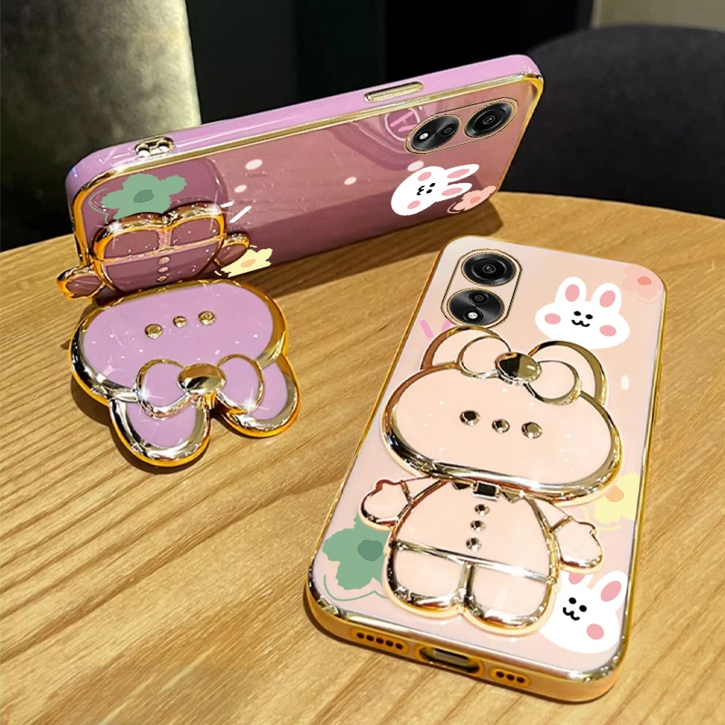 A 38 78 Flower Strap Rabbit Makeup Mirror Phone Holder Case On For Oppo A38 4G A78 4G A17 A18 OppoA38 Girl Woman Used Cover