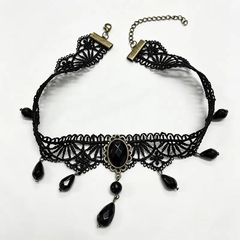 Neue Sexy Gothic Choker Kristall Schwarze Spitze Halskette Vintage Damen Choker Steampunk Schmuck – Detail 7