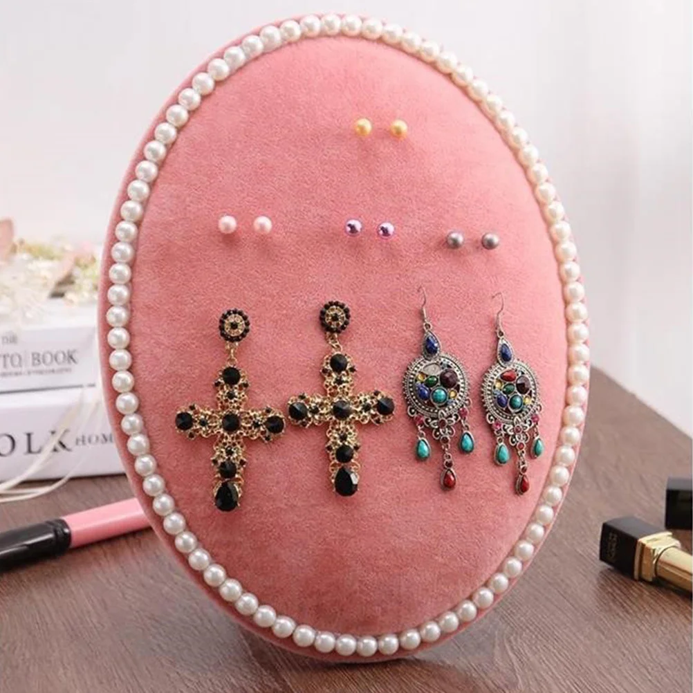 

Oval Earring Storage Box Pink Jewelry Display Board for Women Earrings Holder Organizer Stand with Pearl Trimmed Rim Size L