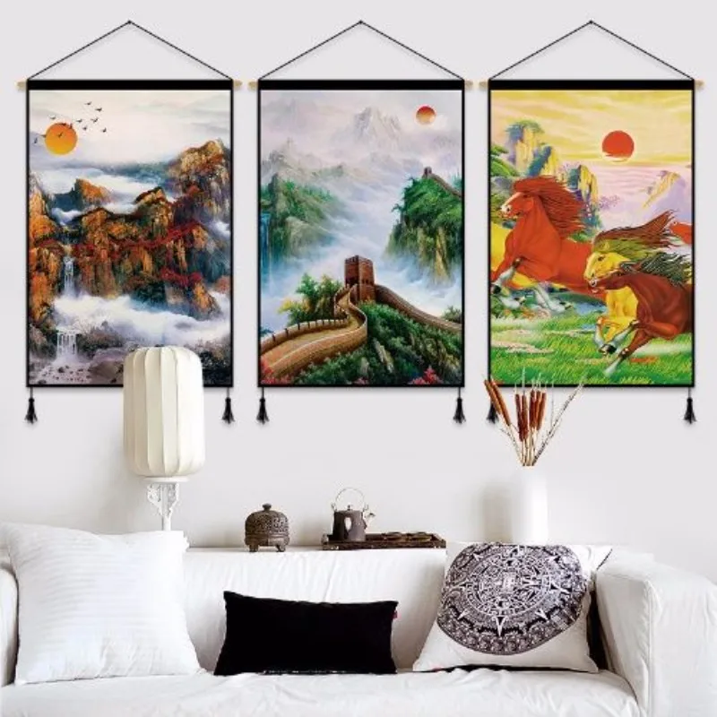 Feng Shui Ink Landscape Tapestry Wall Hanging - thick cotton and linen cloth Wealth Attracting Scroll for Living Room & Office - Detail 1