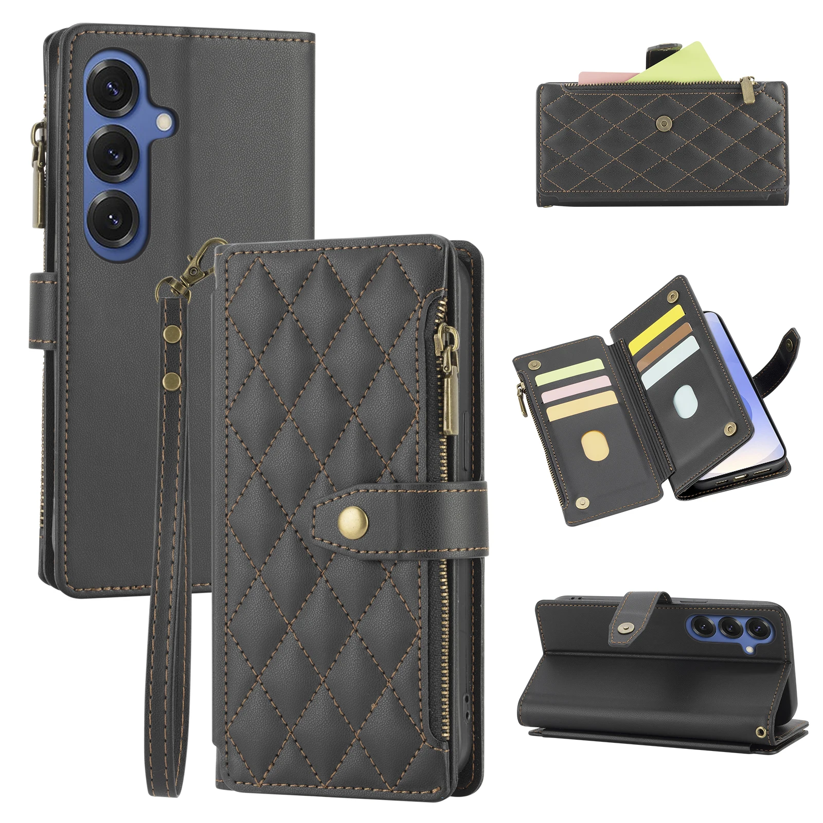 Brieftaschen-Handyhülle für Samsung A12/A13/A14/A15/A16/A52/A26/A56 mit Mehrfach-Kartenfächern, Reißverschluss-Münzfach und Handschlaufe, Kunstleder-Schutzhülle – Detail 3