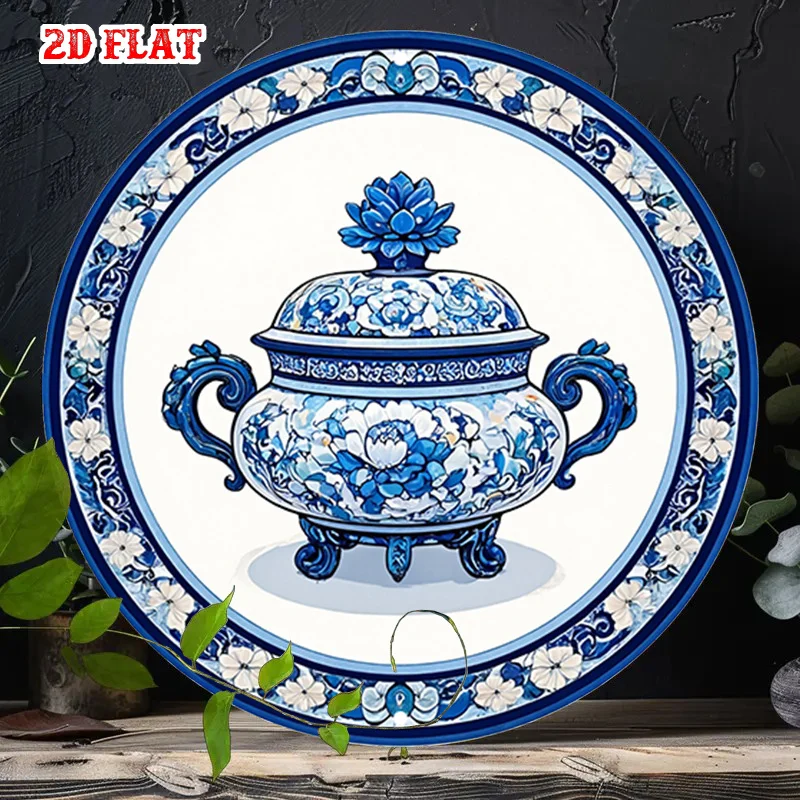 2D Flat - One-Piece Round Sign with a Floral Design in Blue And White, Featuring a Rustic Lotus Pattern. This Ornate 7.8X7.8 Inc