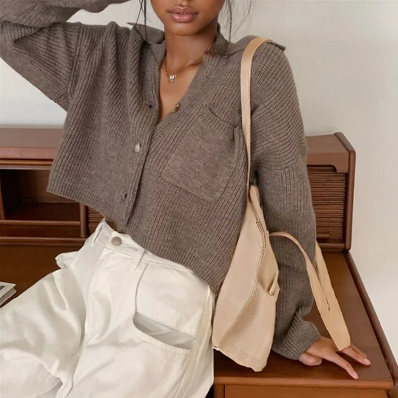 

Элегантный осенне-зимний вязаный кардиган, короткий свитер, женские куртки с длинными рукавами, модные свободные повседневные простые новые однотонные короткие топы