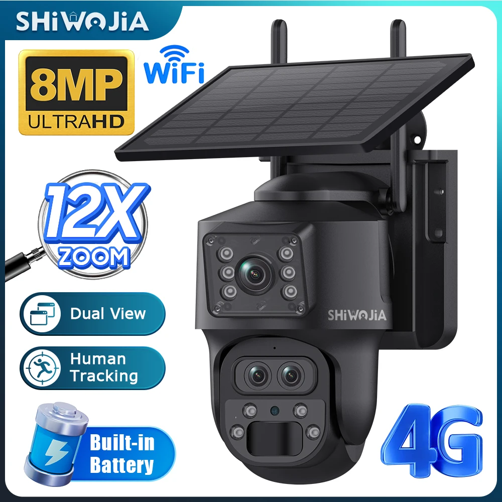 SHIWOJIA 8MP 12X Zoom 4G Sim Dual Screen Solar Camera Outdoor 4K Three Lens Auto Security Protection Auto Tracking CCTV Cameras