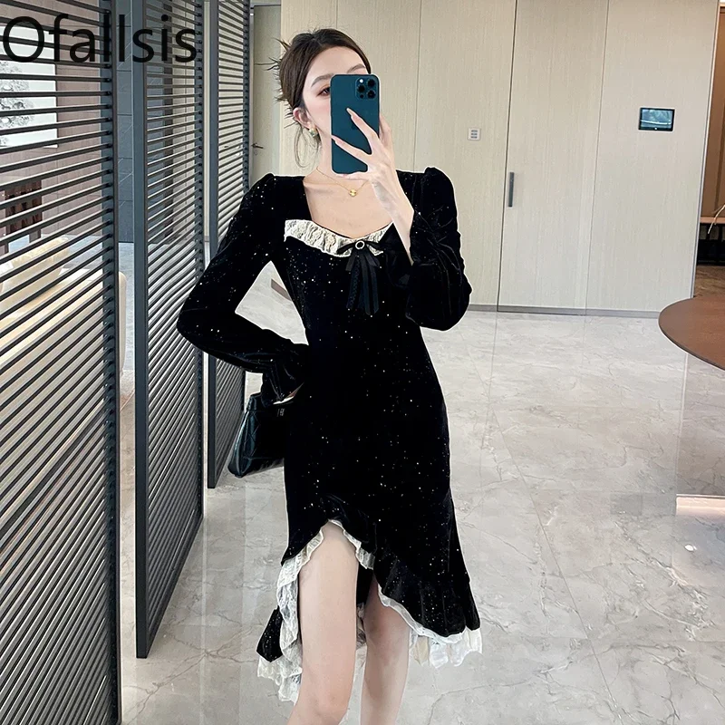 Ofallsis French Hepburn Style Lace Trimmed Black Velvet Dress 2024 Autumn Winter High end Temperament Irregular Evening Dresses