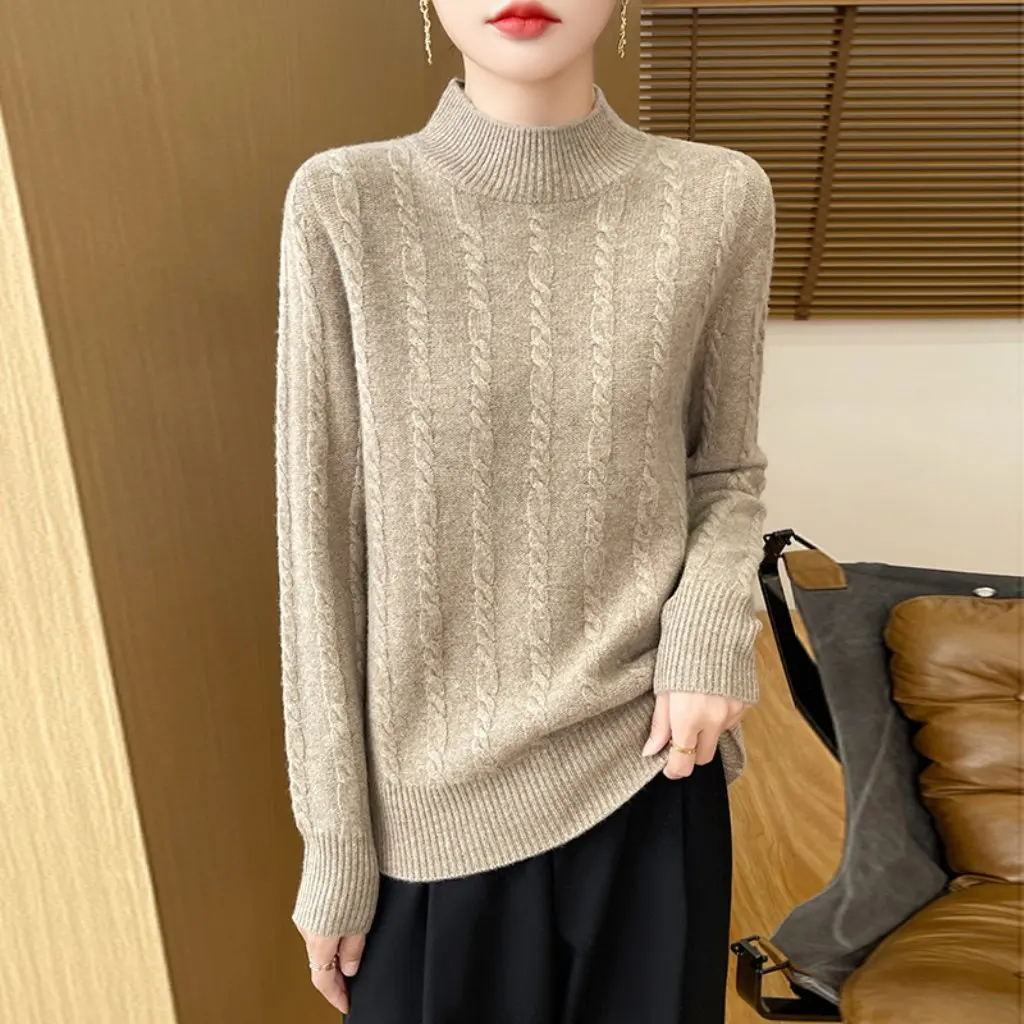 

Loose Knitted Wool Sweater Autumn Winter Fashion Semi-High Collar Base Shirt Top Warm Inner Long Sleeve Overhead Sweater