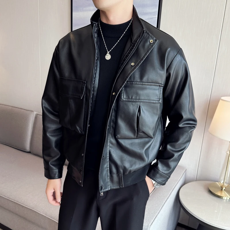 Autumn and Winter Leather Jacket Men's Fashion Casual Standing Collar Motorcycle Jacket Outdoor Solid Color Sports Jacket