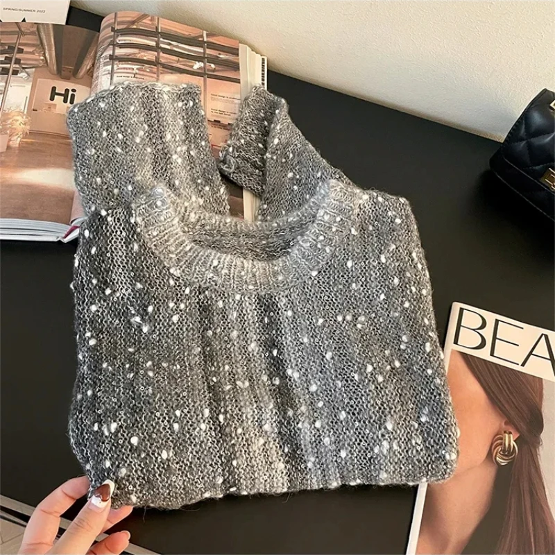 2024 New Fall Winter Women French Vintage Long Sleeve Sweater O-Neck Sequin Knitwear Money Luxury Jumper Aesthetic Cuddly