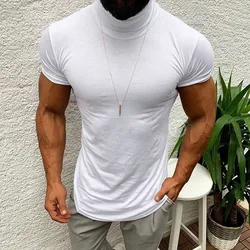 Turtleneck T Shirt Men Spring Summer Short Sleeve Bottoming Shirt Solid Pullovers Fitness Bodybuilding Gym Workout Tee Tops 2022