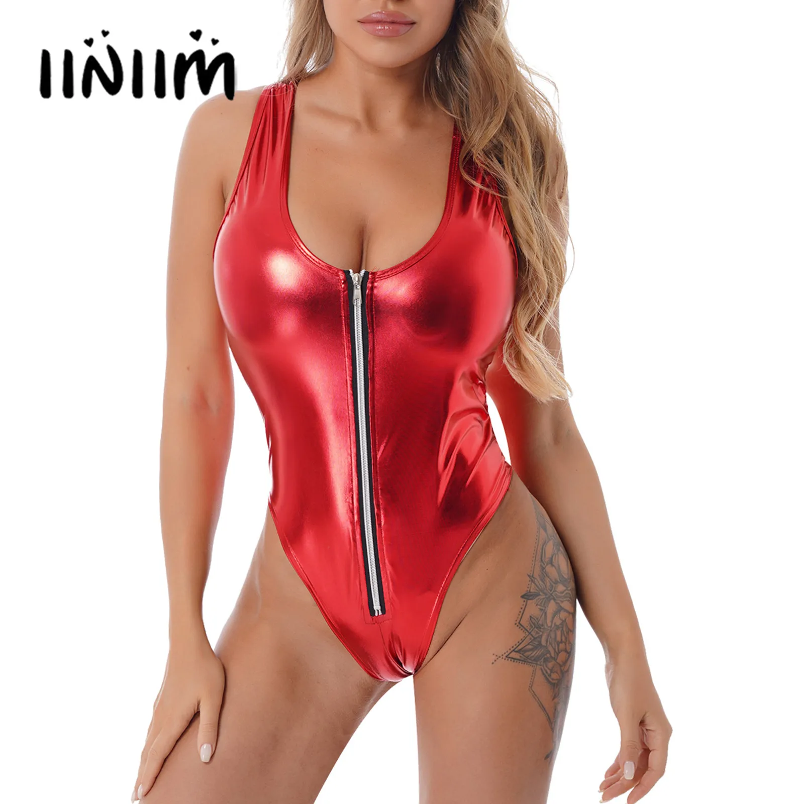 Womens Ladies Metallic Shiny Scoop Neck Zipper Bodysuit Swimsuit Sleeveless Leotard One-piece Swimming Bathing Suit Swimwear