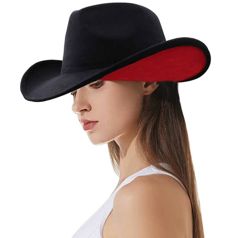 

Unisex Western Cowboy Hats For Men Wide Brim Fedora Hats Women Solid Color Jazz Hat Vintage Felt Panama Cap With Leather Belt