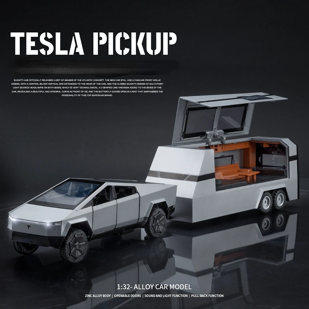 

Simulation 1:32 Tesla Pickup Alloy Car Model Trailer Suit Off-road Children's Toy Boy Diecasts Toys Vehicles Voiture Miniature