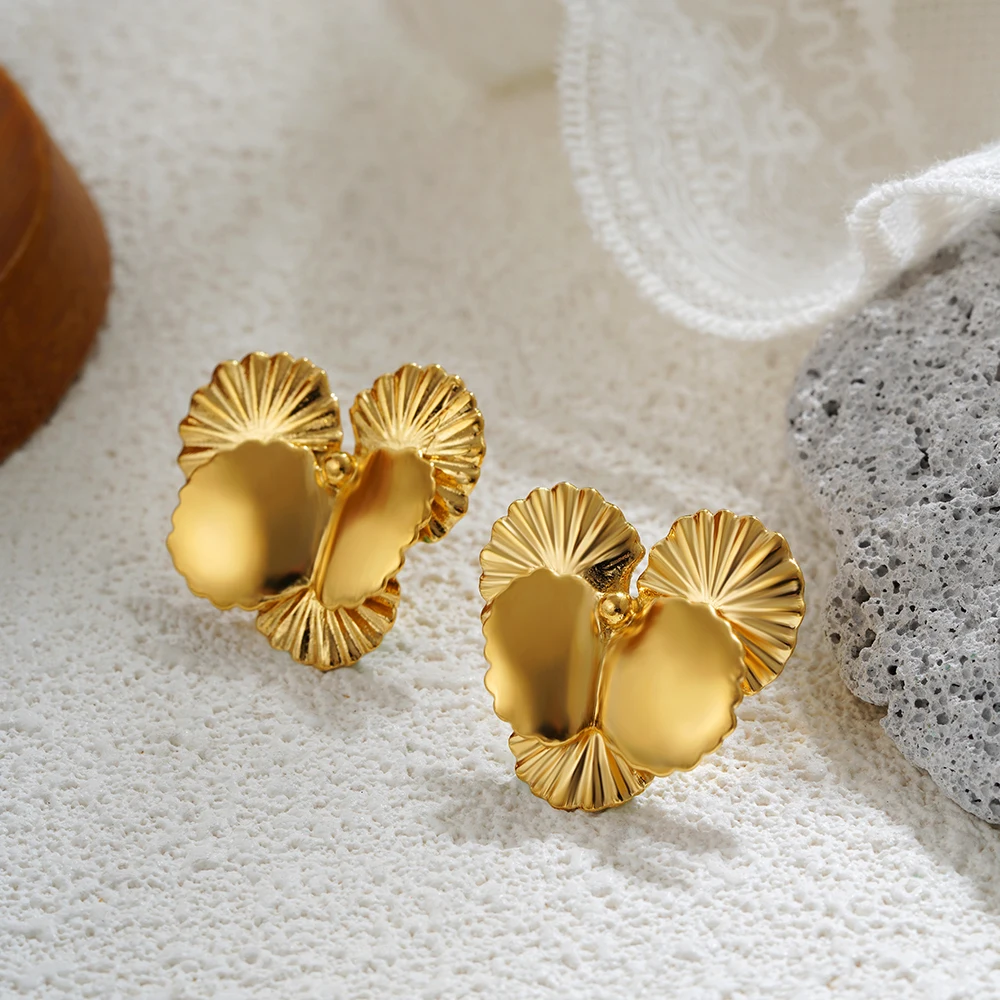 

Irregular Stainless Steel Striped Pleated Texture Stud Earrings for Women Geometric Gold Plated Waterproof Statement Jewelry