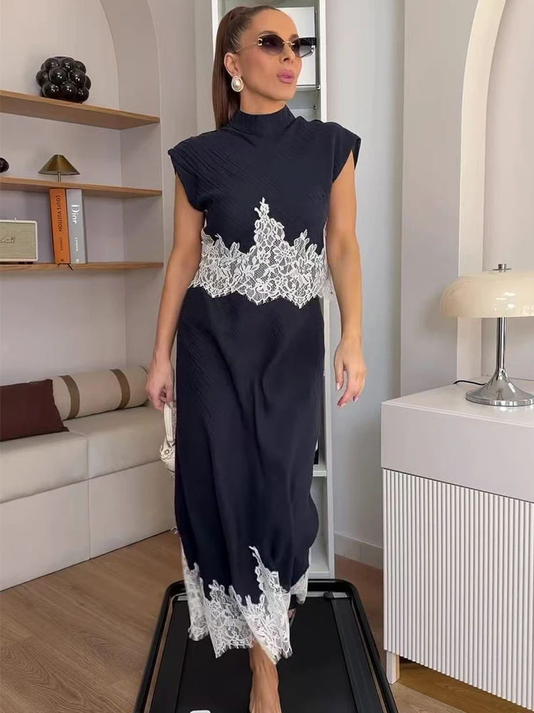 TFMLN 2026 Women's Skirt 2-Piece Set Lace Spliced Sleeveless Stand Collar Top + Slim A-Line Midi Skirt Elegant Ladies Suit