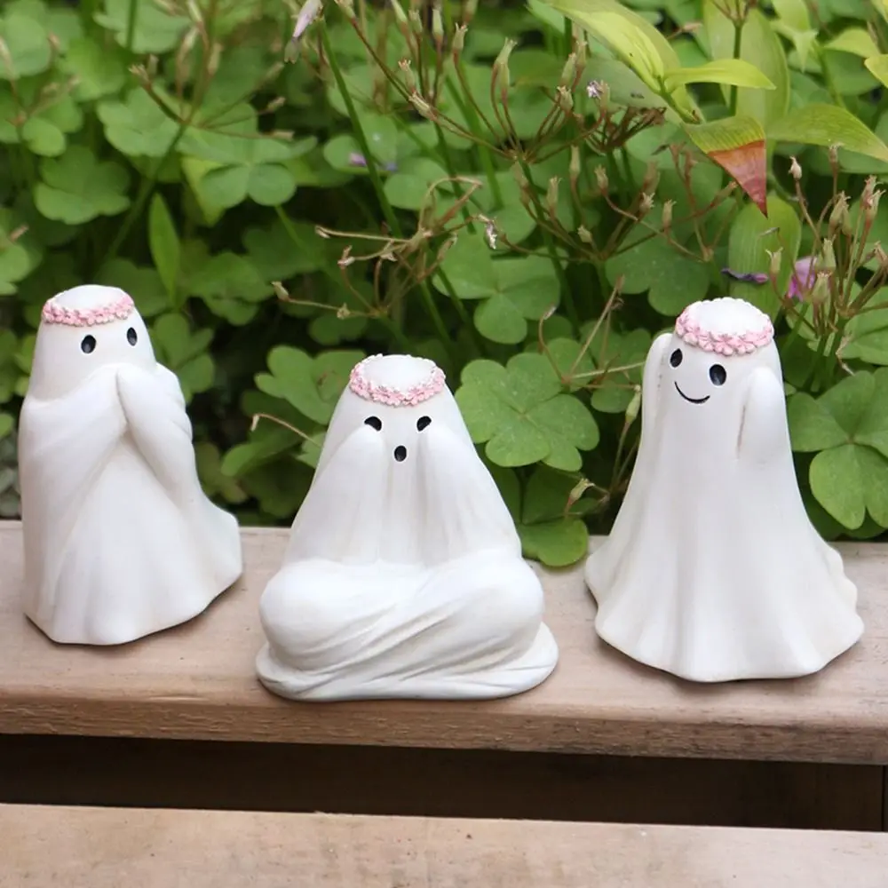 3pcs Resin Halloween Ghost Decor Set Cartoon Funny Floral Haunting Ornaments Cute Ghost Figurine