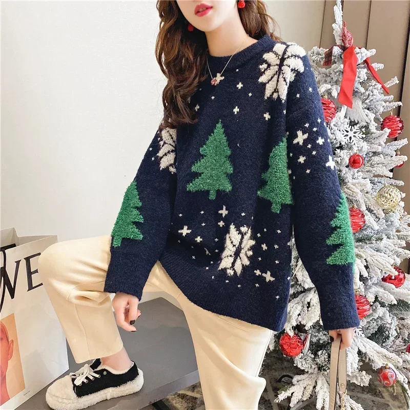 2024 Autumn/Winter New Korean Thickened Color blocked Christmas Sweater Women Hoodie Snowflake Loose Round Neck Lazy Style Tops