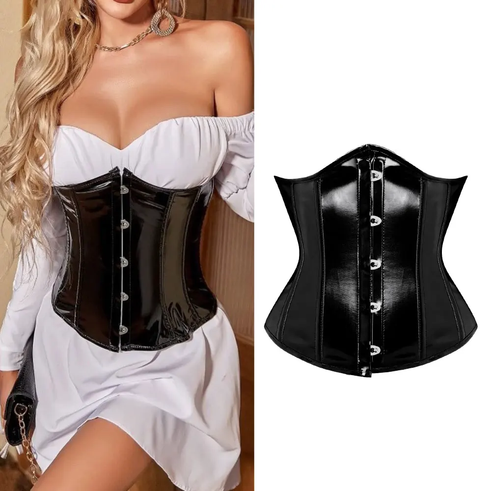 

Underbust Push Up Boned Bustier Black PVC Vinyl Corset Top Goth Punk Korsett For Women Front Busk Gorset Plus Size Korse Sexy