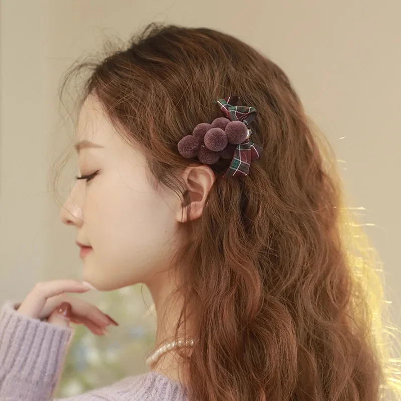 Furry Grape Bow Hair Clip Women Girls Bangs Broken Hair Side Clip Sweet Duckbill Clip Fashion Versatile Hair Styling Accessories