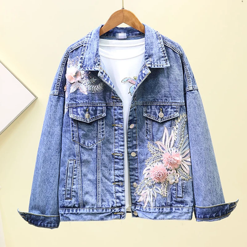 Pop Autumn Denim Jacket Women Loose Heavy Industry Three-dimensional Flowers Jeans Jacket Basic Coats Streetwear Women's Jackets