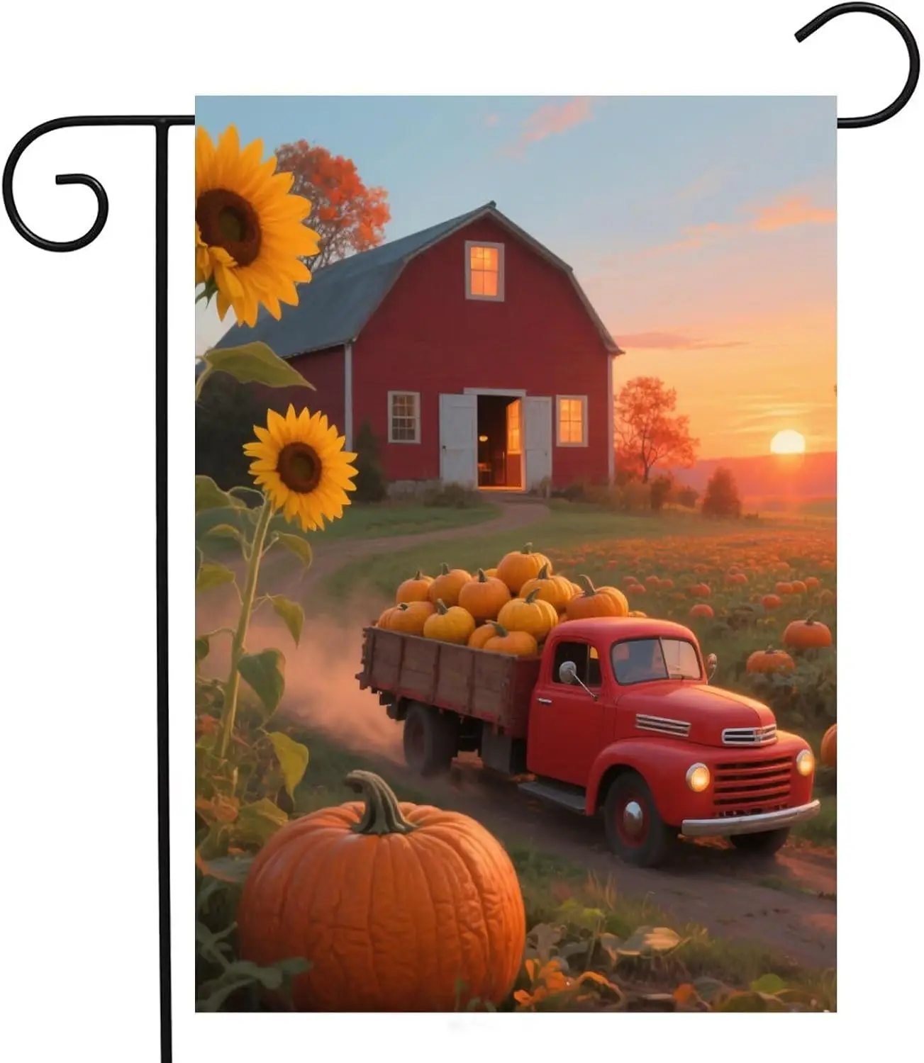 Red Vintage Truck with Pumpkins Harvest Farm Barn Sunflowers Sunset Fall Garden Yard Flag 12
