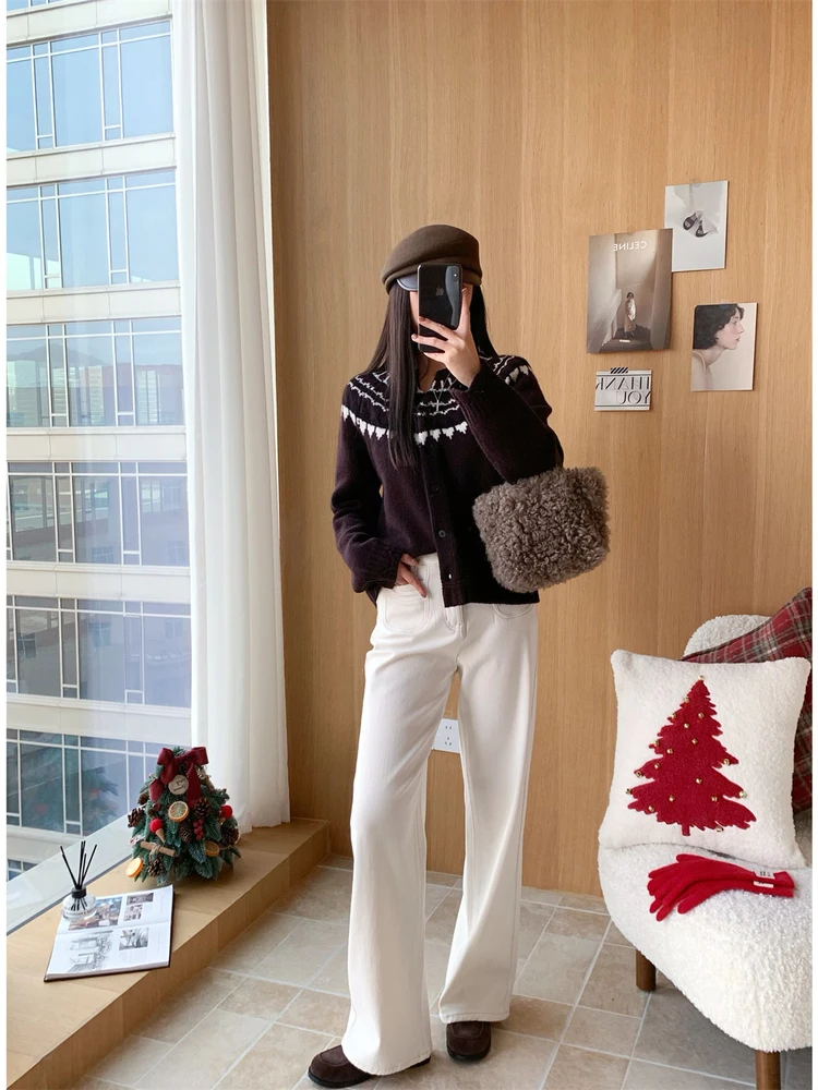 

Джинсы High-Camere Fce с четырехсторонним стрейчем, прямые, с подкладкой, цвета лунного белого, с отворотами, зимние, с высокой талией, из хлопкового денима