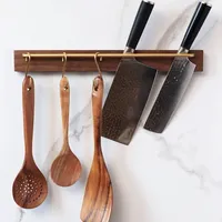 Black Walnut Wood No-Drill Knife Holder Wall Mounted Kitchen Storage Rack Brass Knife Organizer Solid Wood Soup Spoon