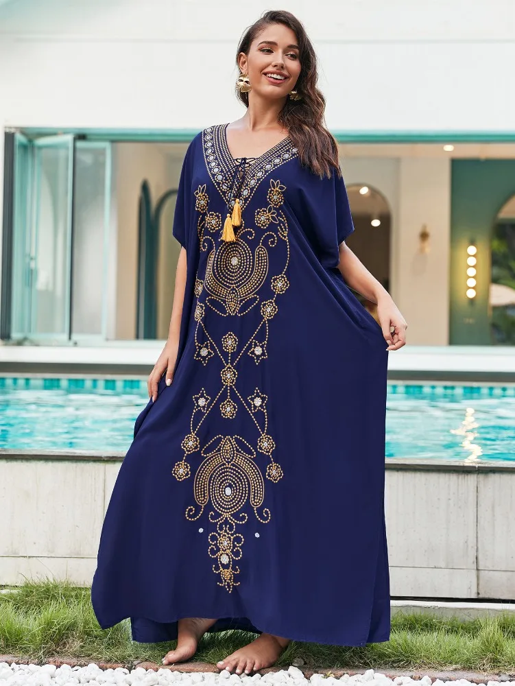 

Beach Kaftans for Women Navy Blue Floral Embroidery Maxi Dresses Cover Ups for Swimwear 2023 Elegant Bathing Suits