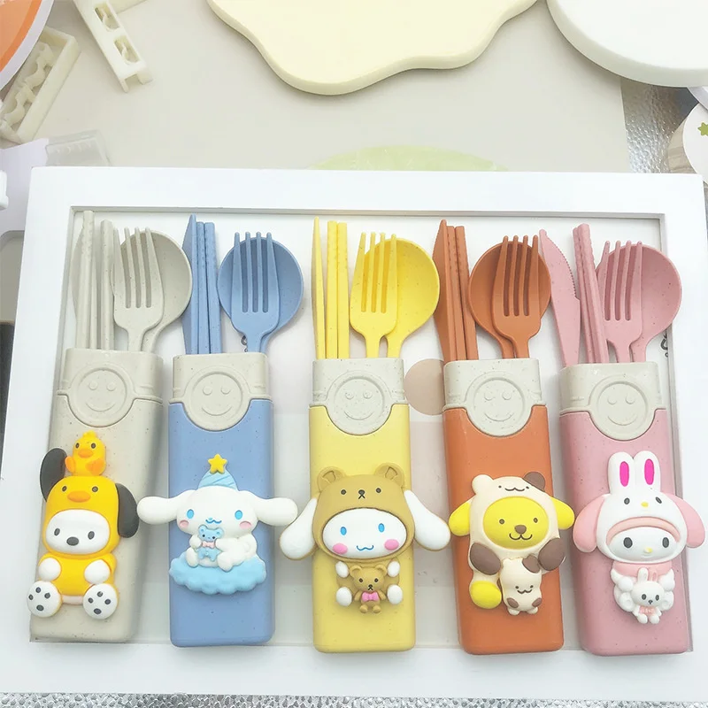 

Sanrio Kawaii Cinnamoroll Stainless Steel Tableware 3-piece Set My Melody Student Cartoon Portable Spoon Fork Chopsticks Set