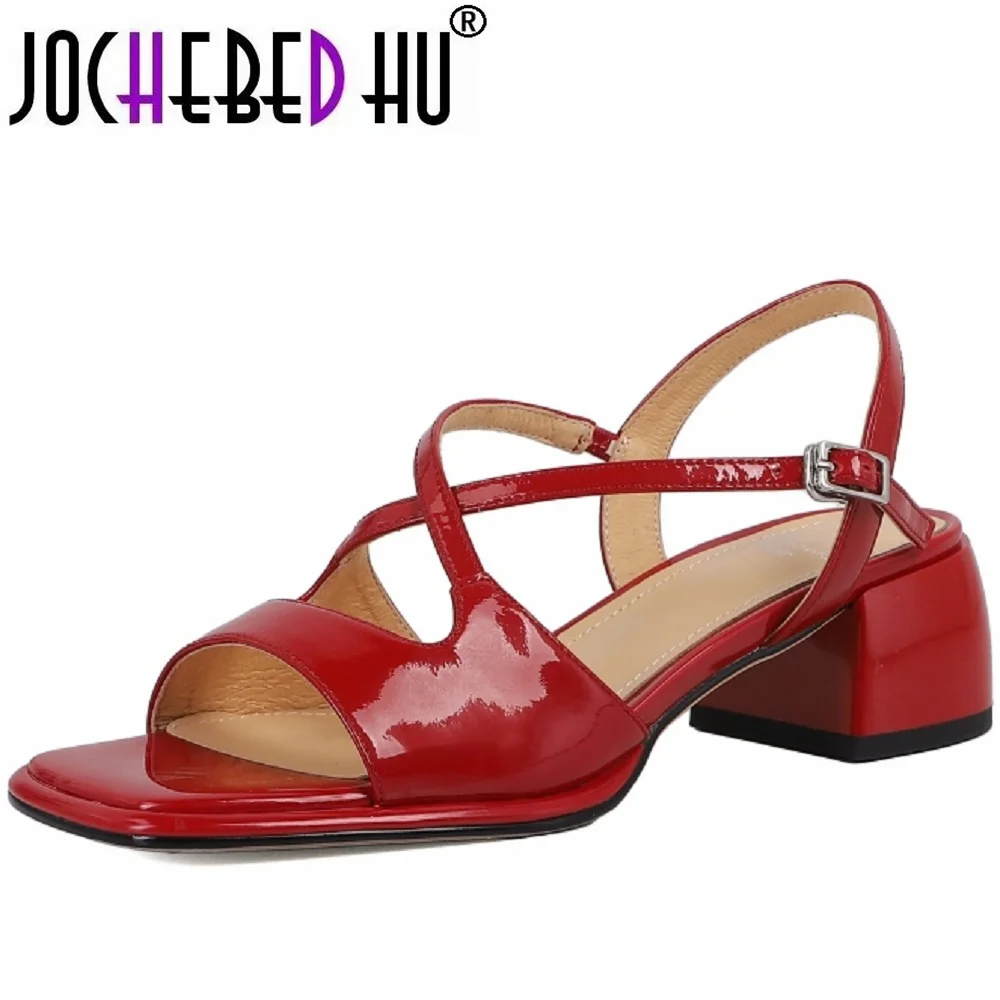 

【JOCHEBED HU】New Summer Genuine Leather Sandals Fashion Versatile Light Luxury Square Toe Chunky Heels for Handmade 34-40