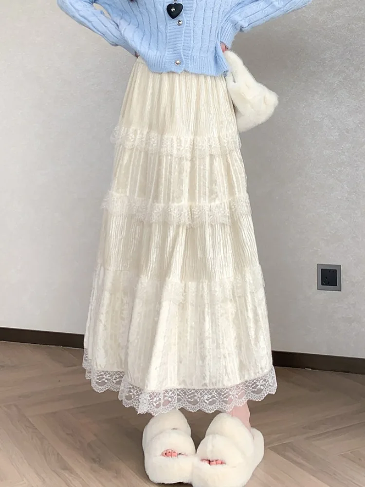 Süßer Spitzen-Splicing Cake Sle Fce-gefütterter Thi-A-Linien-Maxirock mit hoher Taille für Damen, lässige koreanische Version, nicht sinkbar