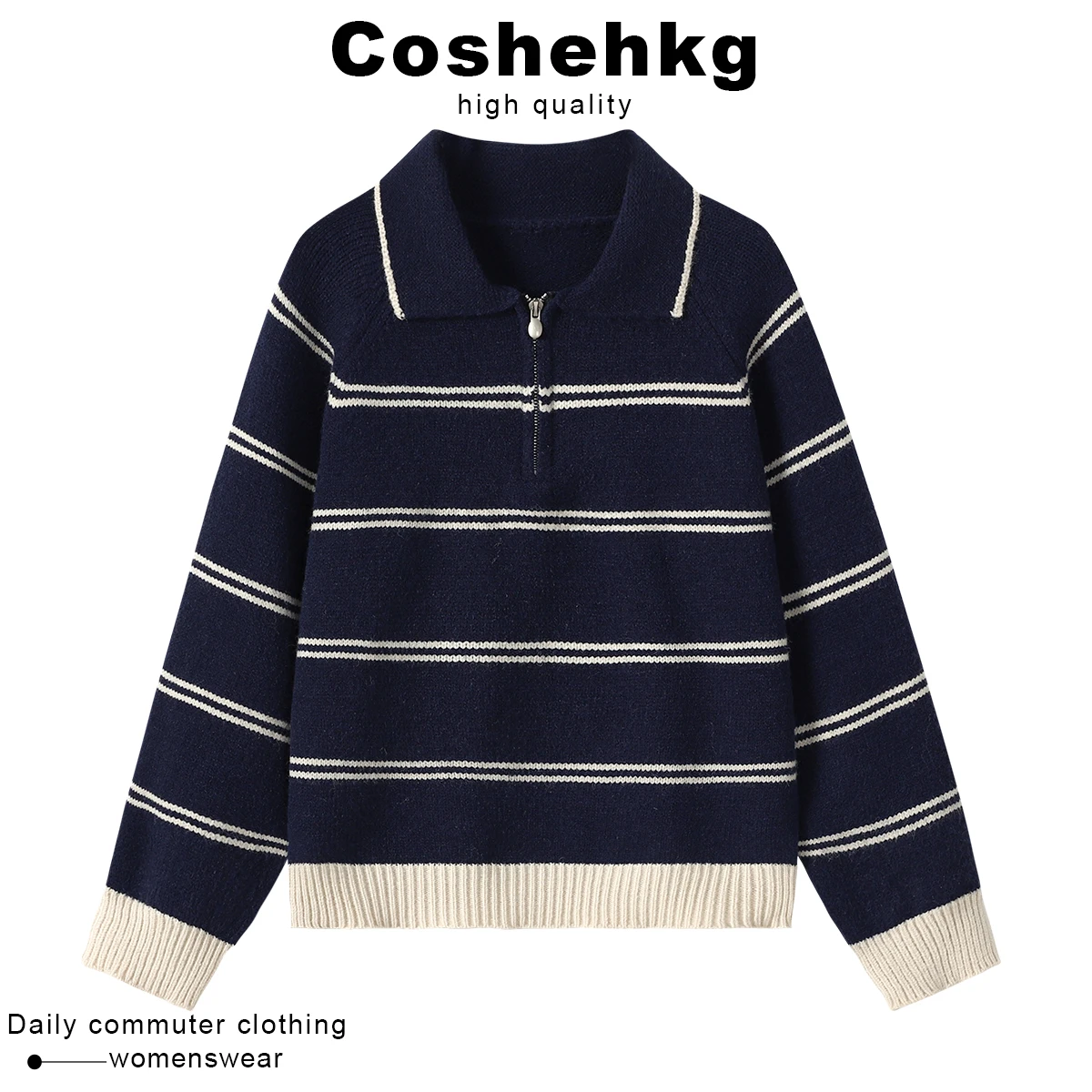 

Coehkg женский вязаный свитер Long Sve с воротником-молнией и полосатым дизайном, повседневный топ на осень-зиму, новый модный топ