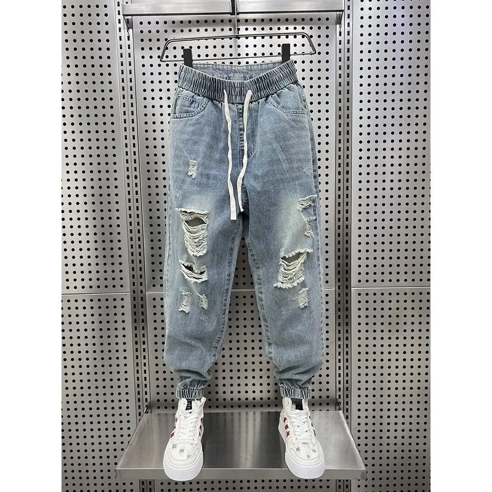 

Luxury 2024 Summer Casual Loose Denim Distressed Holes for Men Korean Style Trendy Tapered Pants Designer Men's Boyfriend Jeans