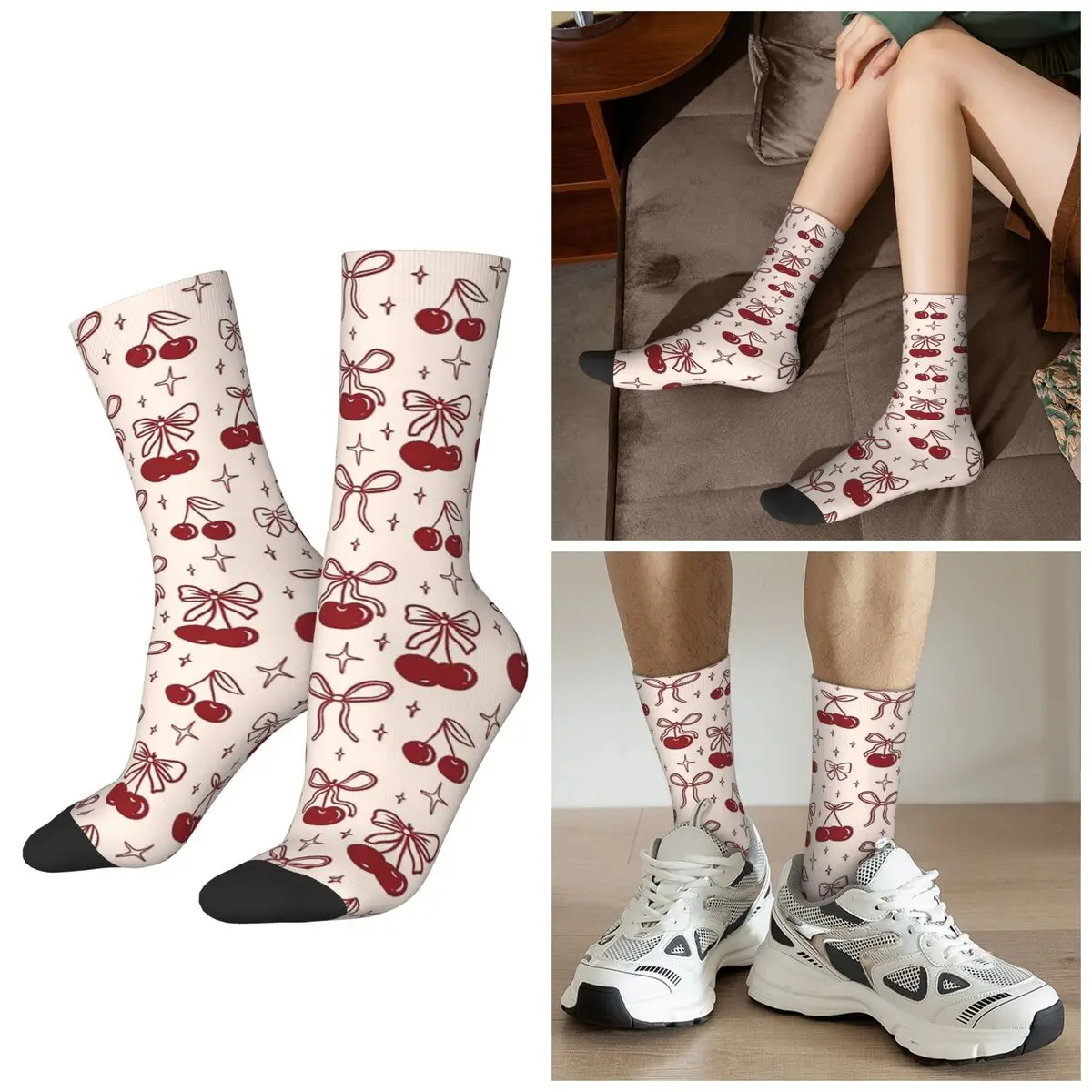 

All Seasons Retro Style Cherry Theme Socks Harajuku Sport Middle Tube Socks High Quality Stockings for Men Women Christmas Gifts