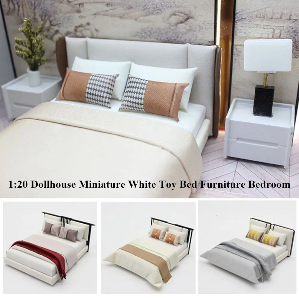 New 1:20 Dollhouse Miniature Bed Mini DIY White Toy Bed Doll House Bed Dollhouse Decoration