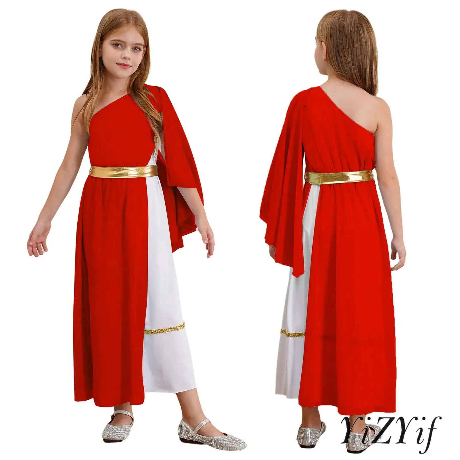 

Girls Halloween Ancient Greek Rome Egypt Toga Costume Lyrical Dance Dress Church Choir Dancewear Flowy Dress with Waistband