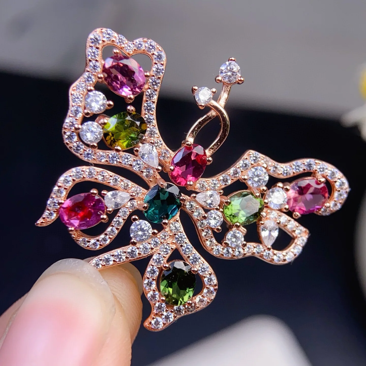925 Silver Natural Tourmaline Brooch, Heirloom Butterfly Design Pendant & Brooch Two-Way, Colorful Jewelry Gift