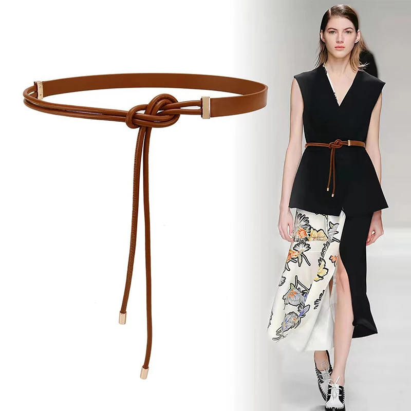 Vintage longo corda de couro atada cinto feminino cor sólida coreano fino cós para feminino senhora vestido saia tiras decorativas