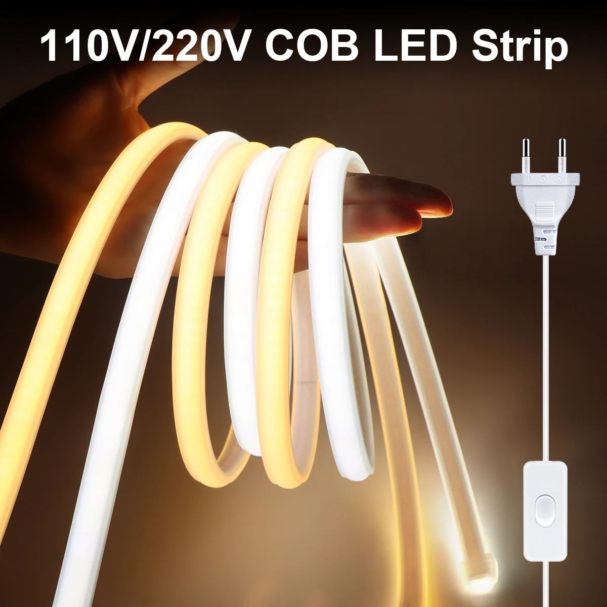 COB LED Strip Lights para Decoração de Quarto, Lâmpada Externa Flexível, Fita LED Impermeável, EU Plug, Decoração de Casa, CRI, RA90, 288LEDs por m, 110V, 220V