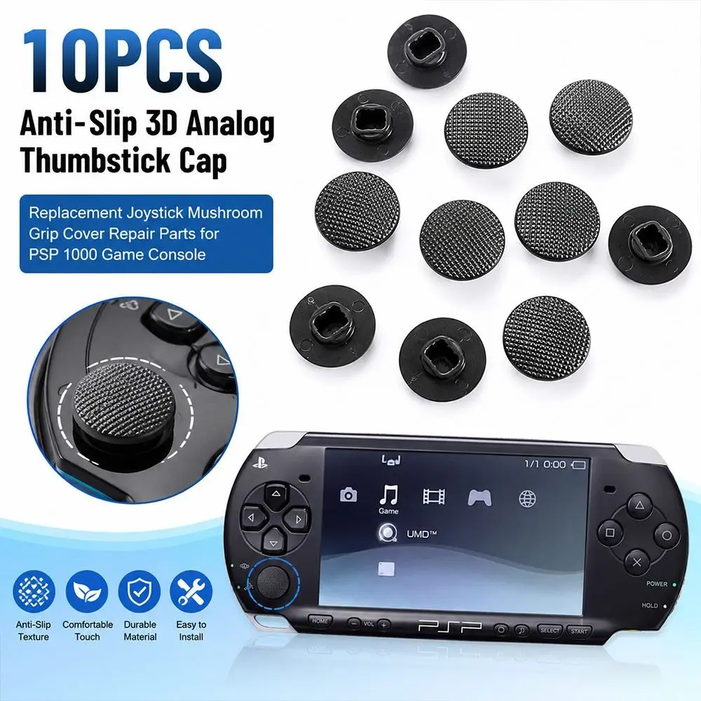 10PCS Plastic Joystick Caps Textured Surface Black Analog Stick Caps Replacement Mushroom Shape for PSP 1000 Game Console